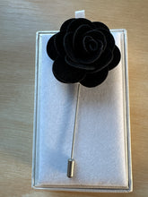 Load image into Gallery viewer, Velvet flower, black, lapel pin in gift box
