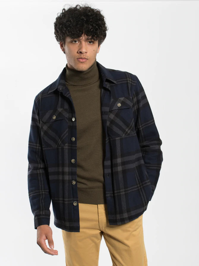 JHJ 60 NAVY BRUSHED COTTON CHECK SHIRT JACKET