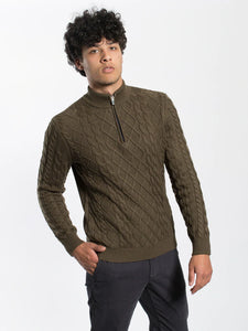 JHK32 OLIVE QUARTER ZIP NECK CABLE KNITWEAR TOP