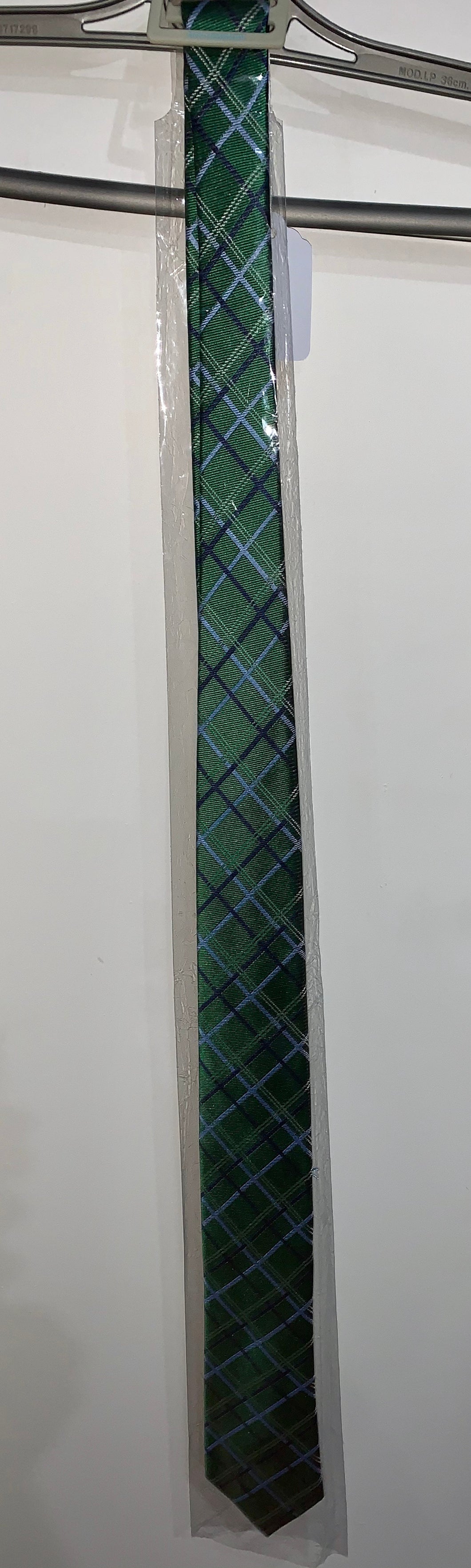 TIE, GREEN WITH LIGHT AND DARK BLUE LINES, 100% SILK