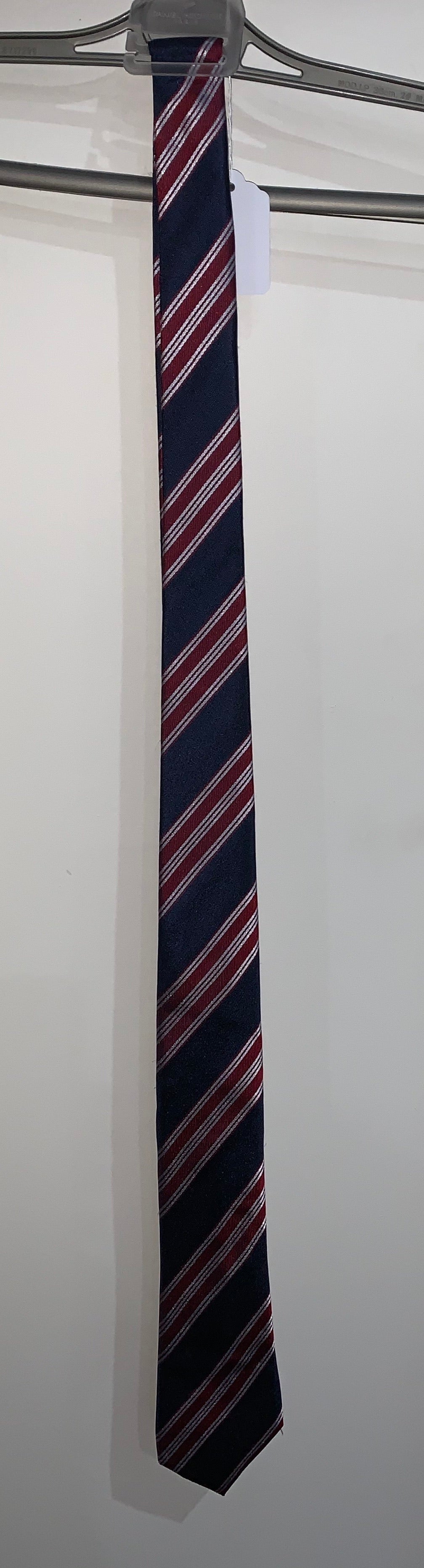 TIE SILK 20, NAVY WITH MAROON AND SILVER STRIPES 100% SILK
