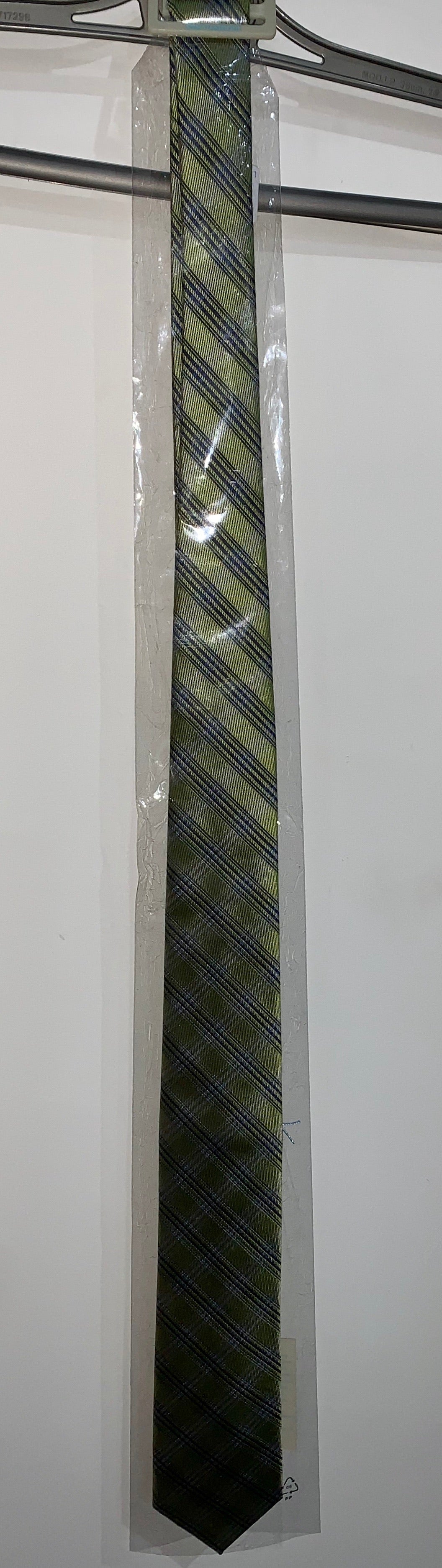 TIE, GREEN WITH BLACK AND SILVER LINES, 100% SILK